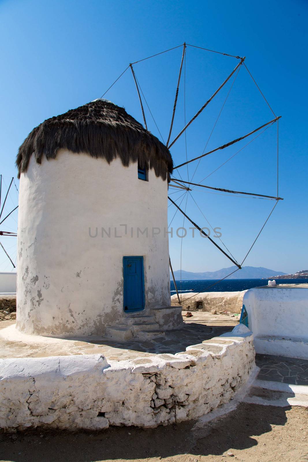 The famous wind mills in Mykonos during day time