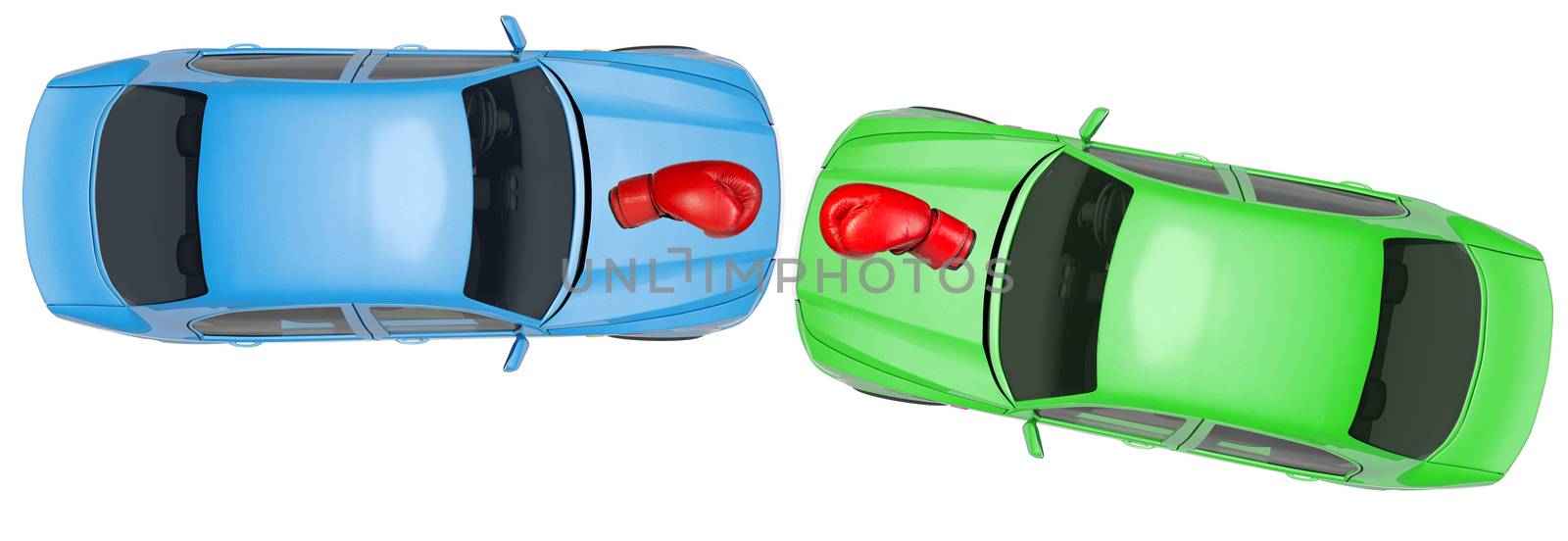 Colorful cars with boxing gloves on isolated white background, top view