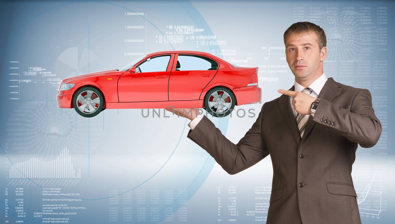 Businessman holding red car and looking at camera on abstract blue background