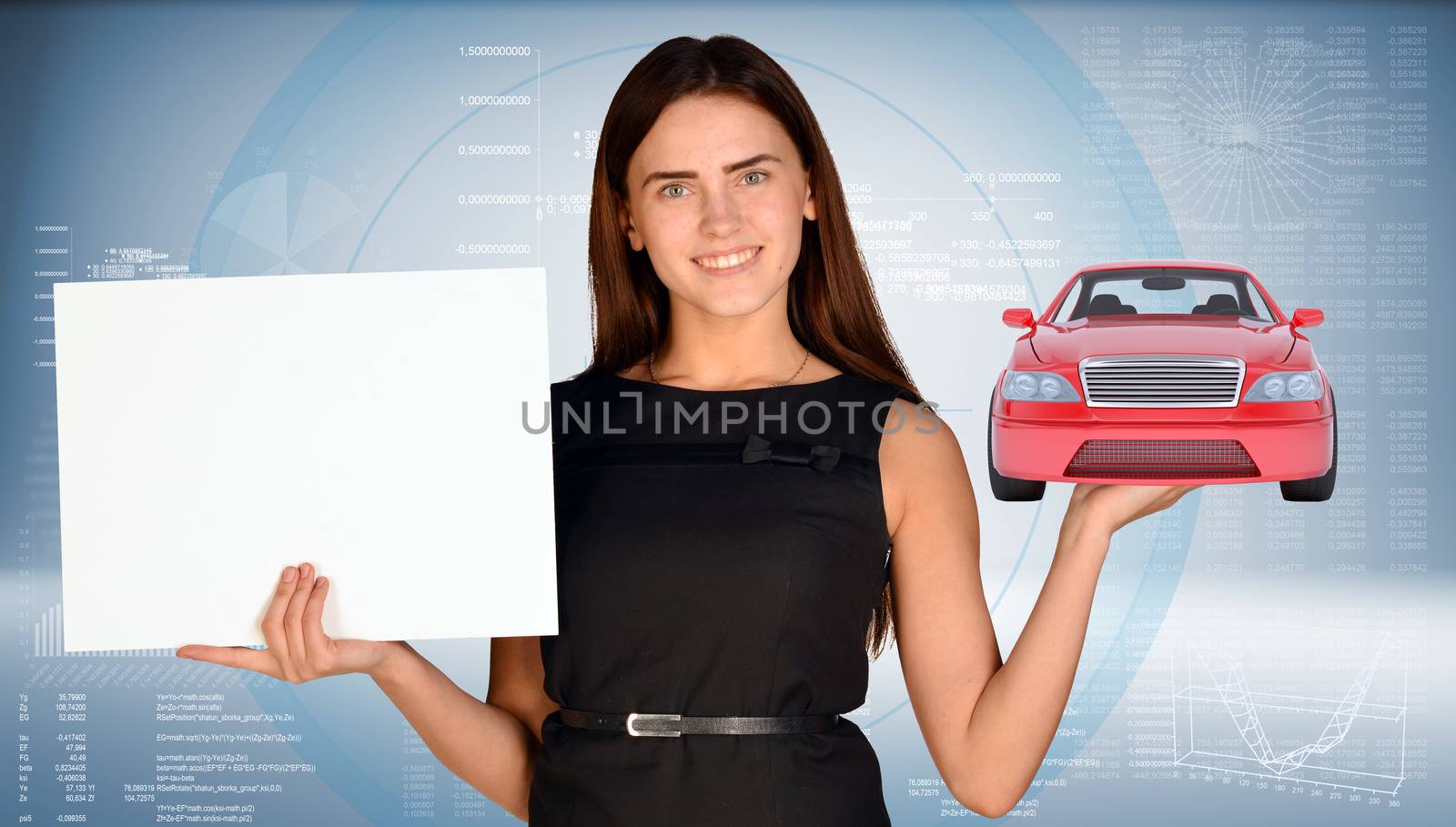 Businesswoman holding red car and blank sheet of paper, looking at camera on abstract blue background