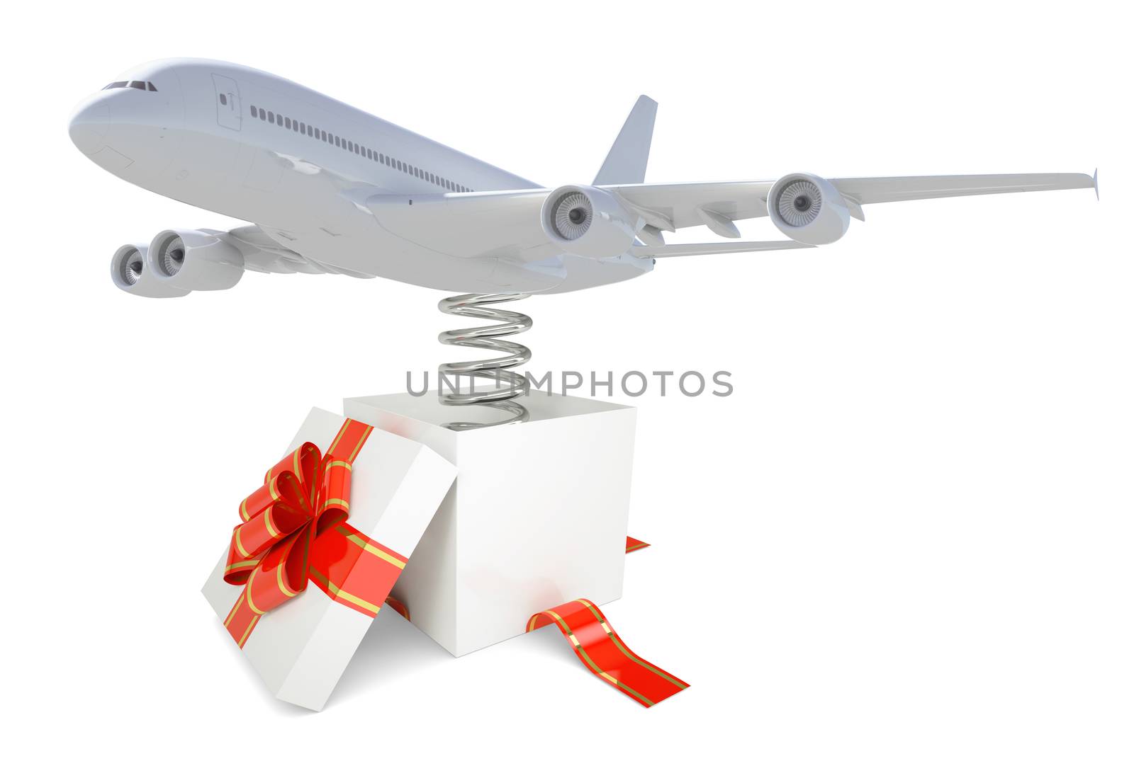Gift box with red band and jet on spring on isolated white background