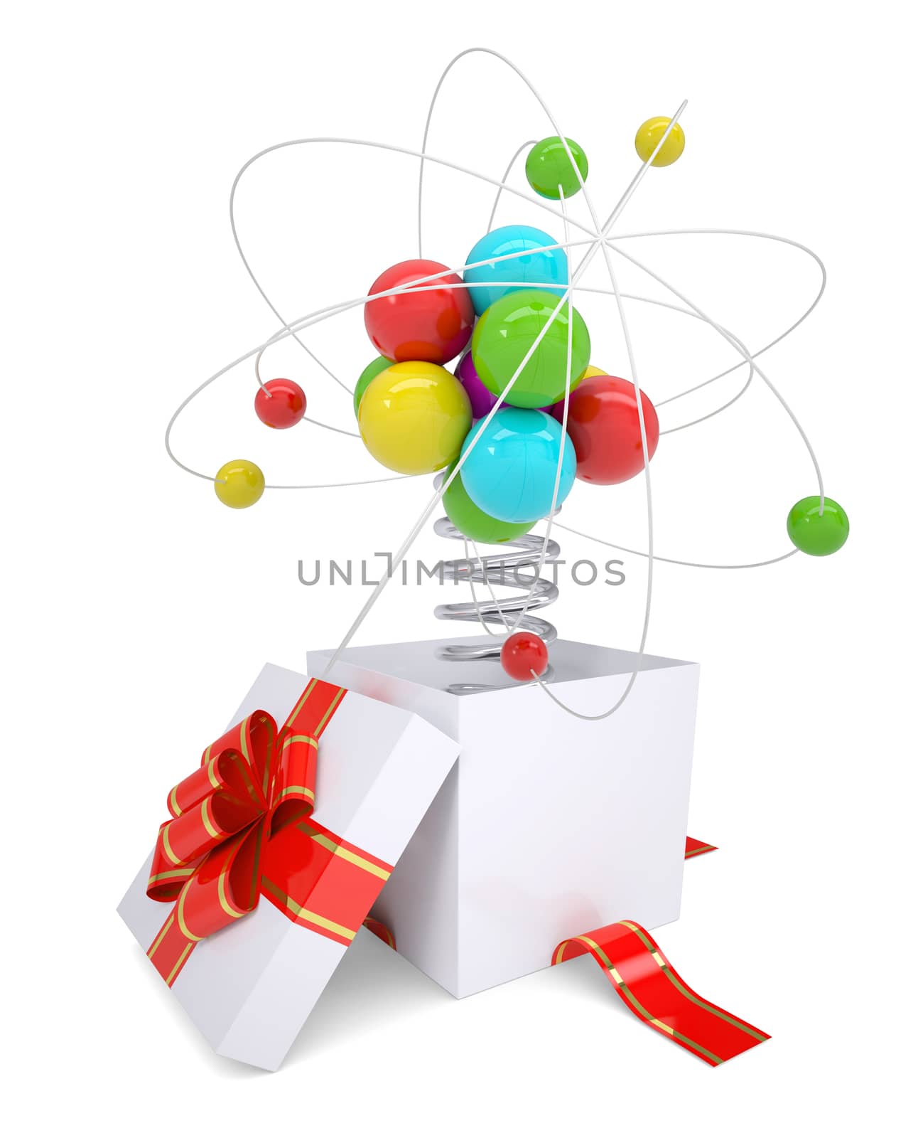 Gift box with red band and colorful atom structure on isolated white background