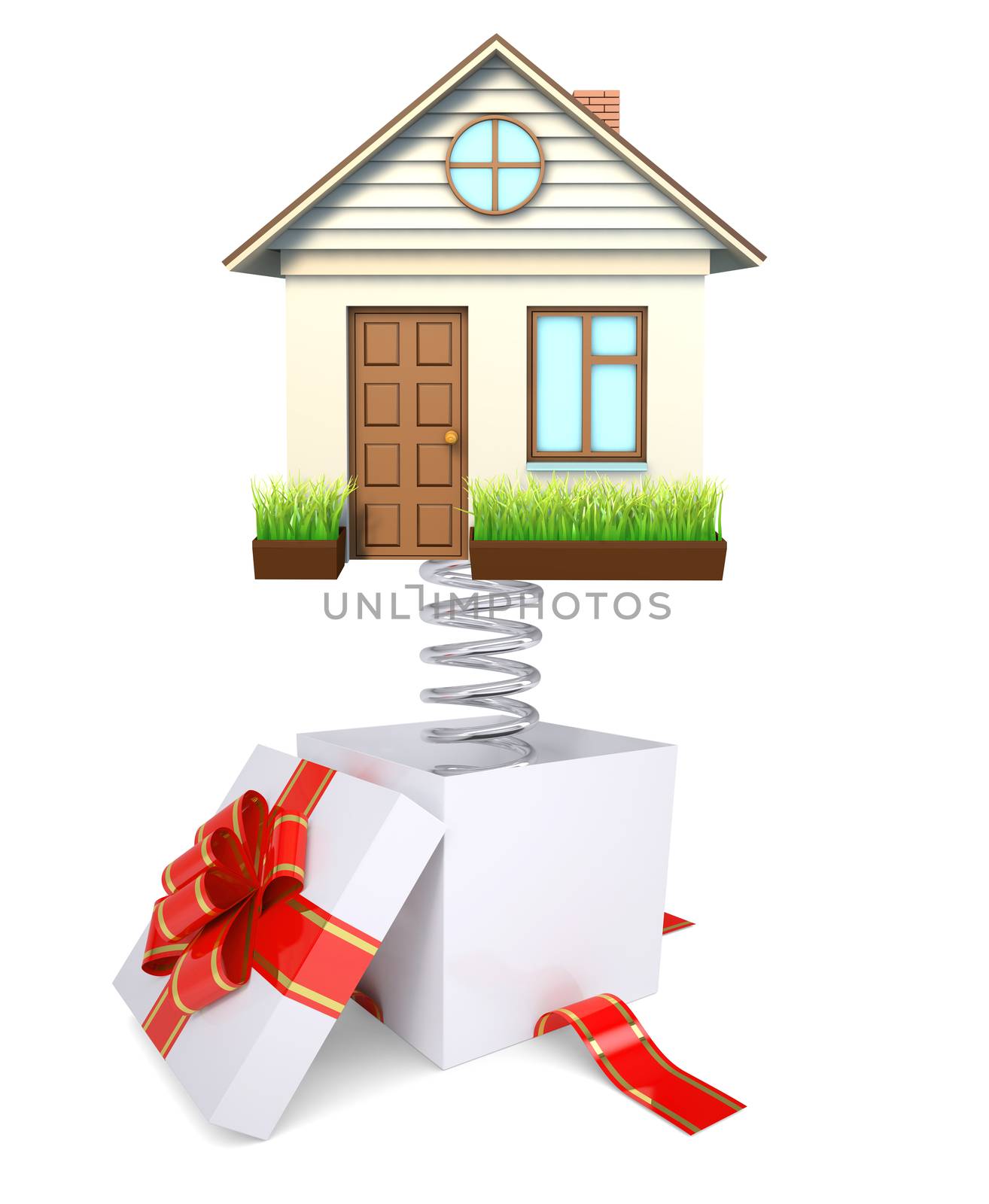 Gift box with house on isolated white background
