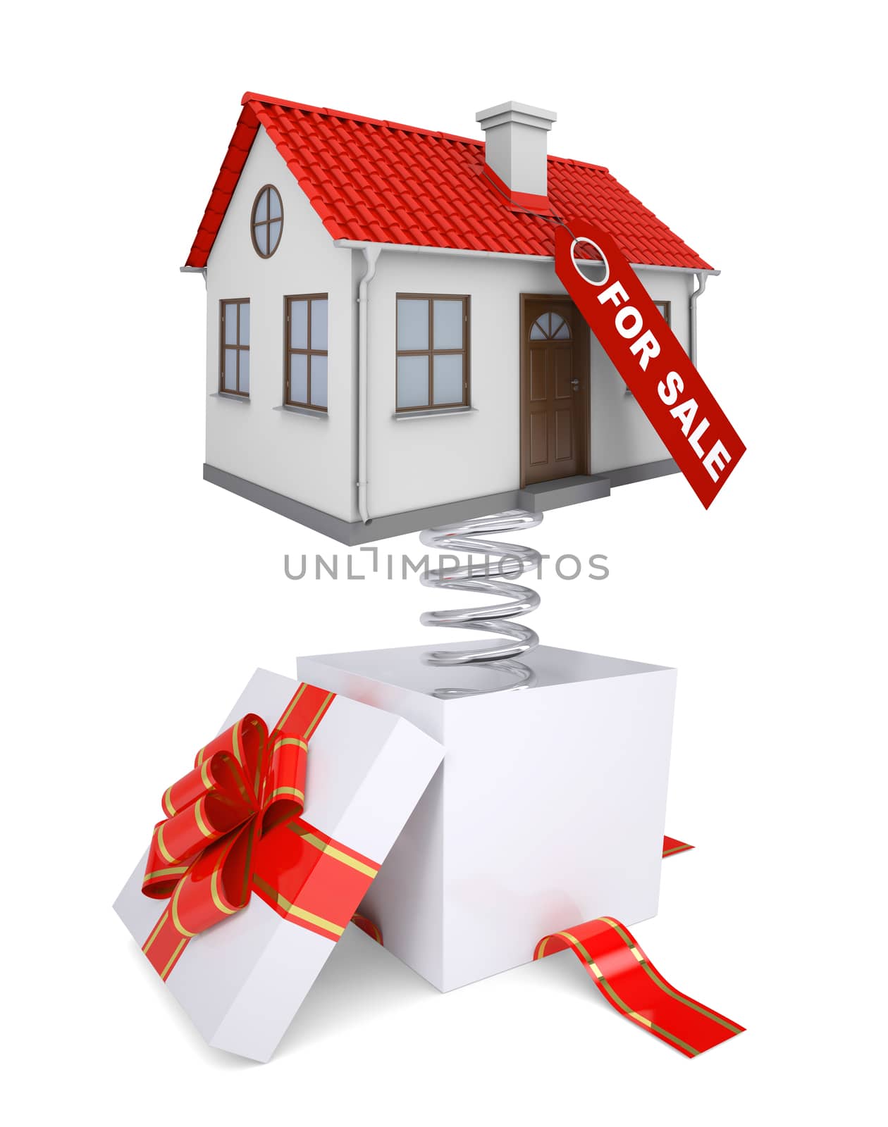 Gift box with red band and house for sale on isolated white background