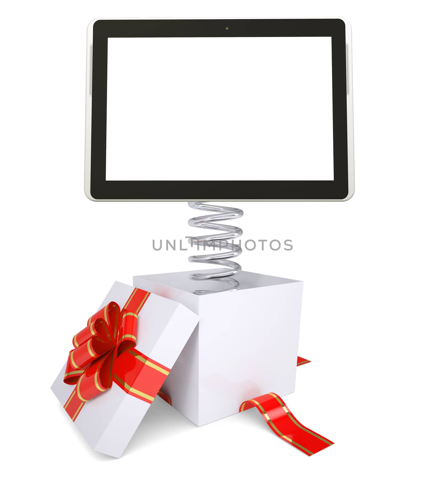 Gift box with red band and tablet on spring on isolated white background