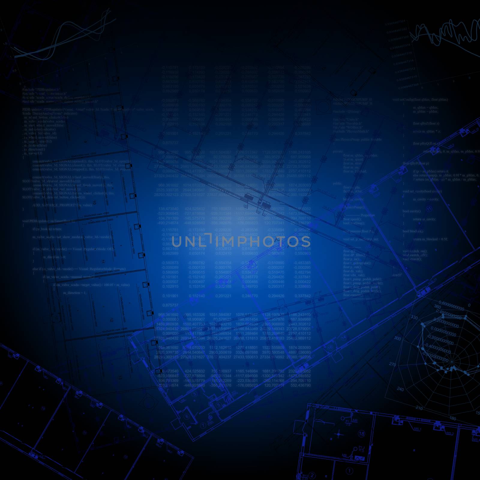 Abstract blue background with ground plans and graphical charts