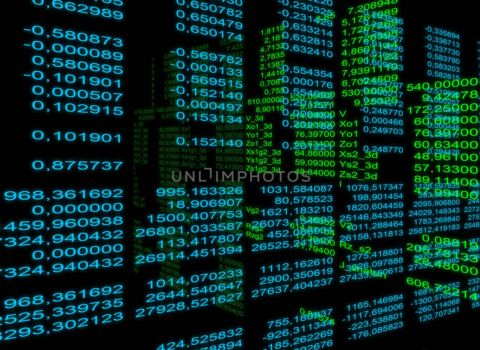 Abstract blue matrix background with figures and letters