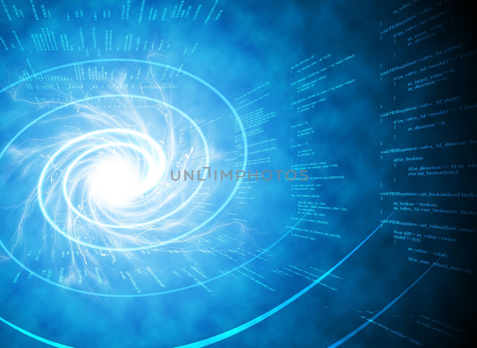 Abstract blue matrix background with figures and spiral