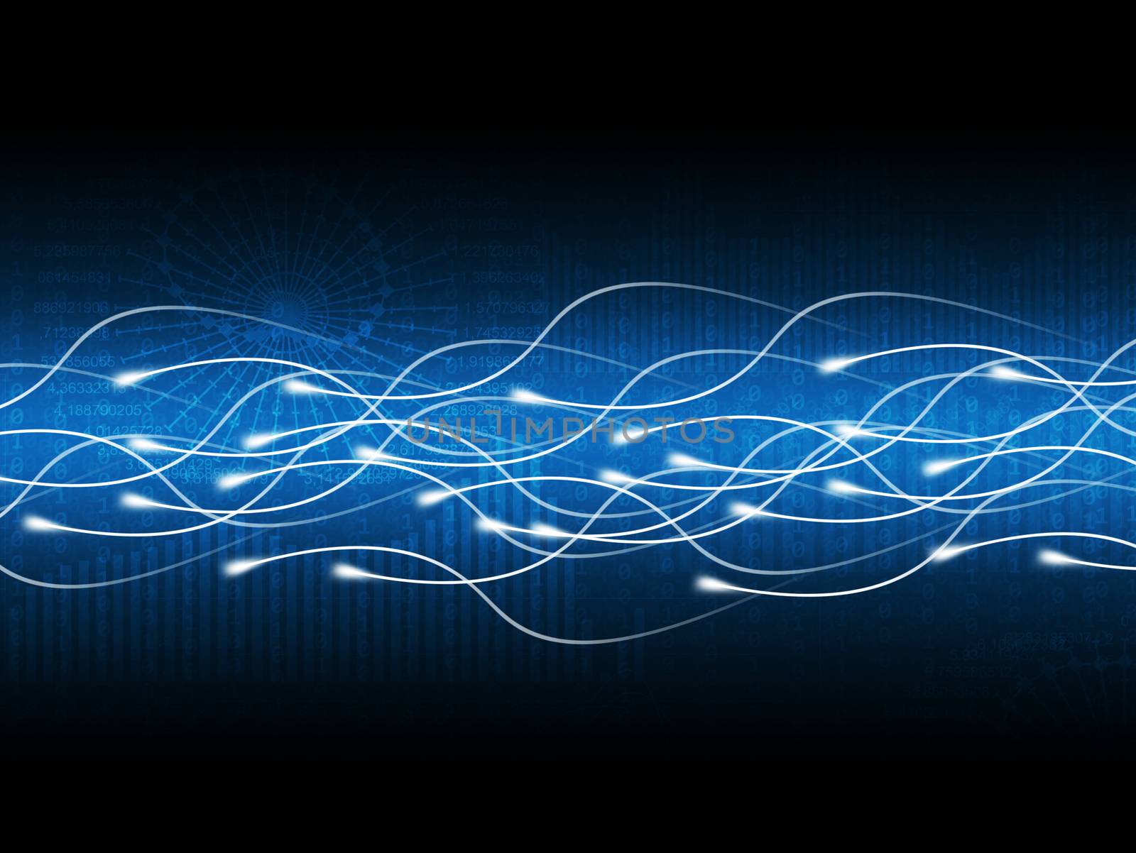Abstract blue matrix background with waves and figures