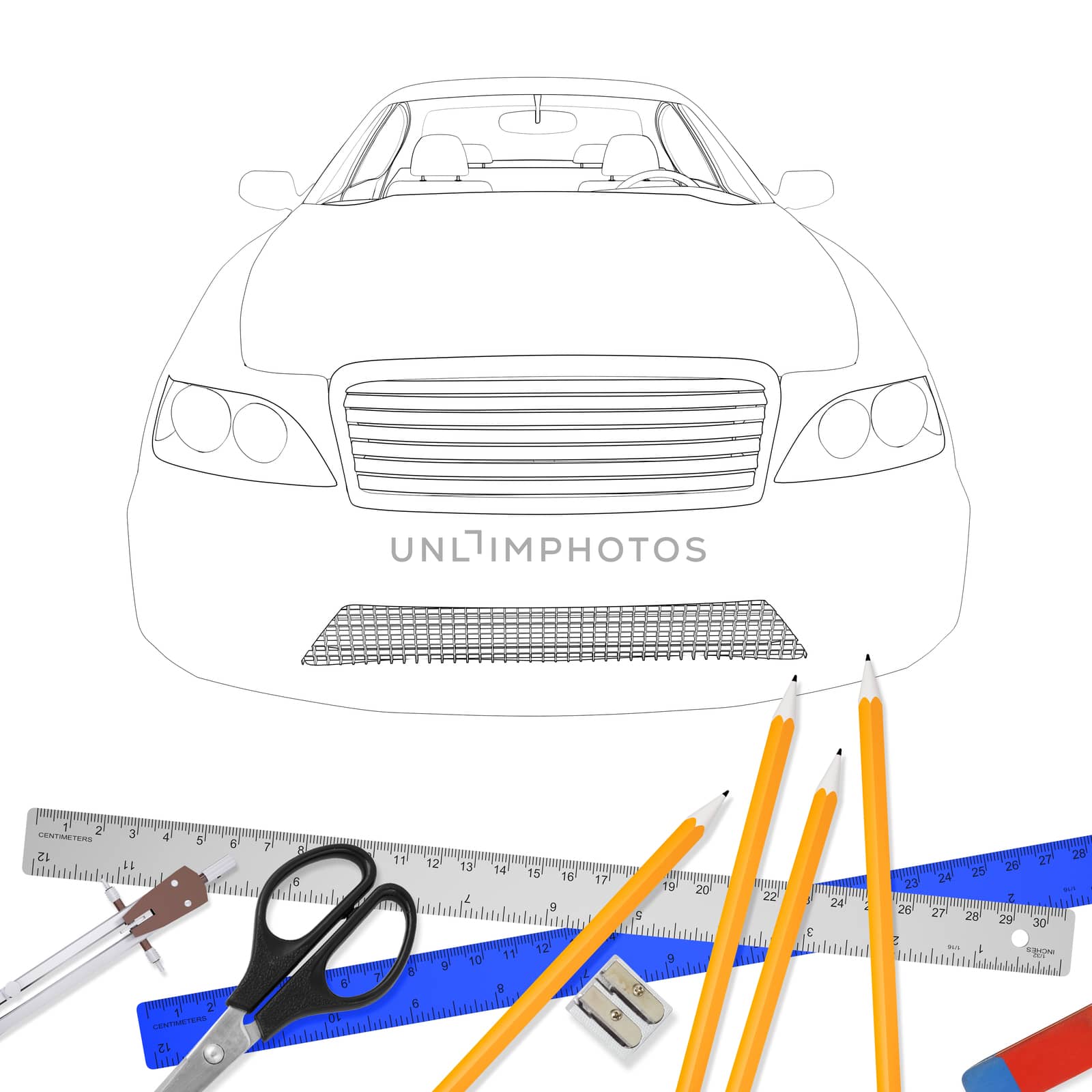 Graphic car model and office stuff on isolated white background, front view