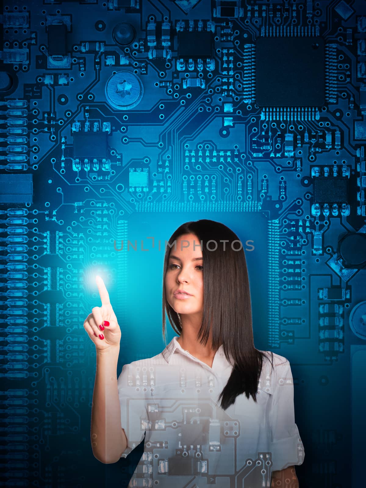 Businesswoman pressing on holographic screen on abstract motherboard background