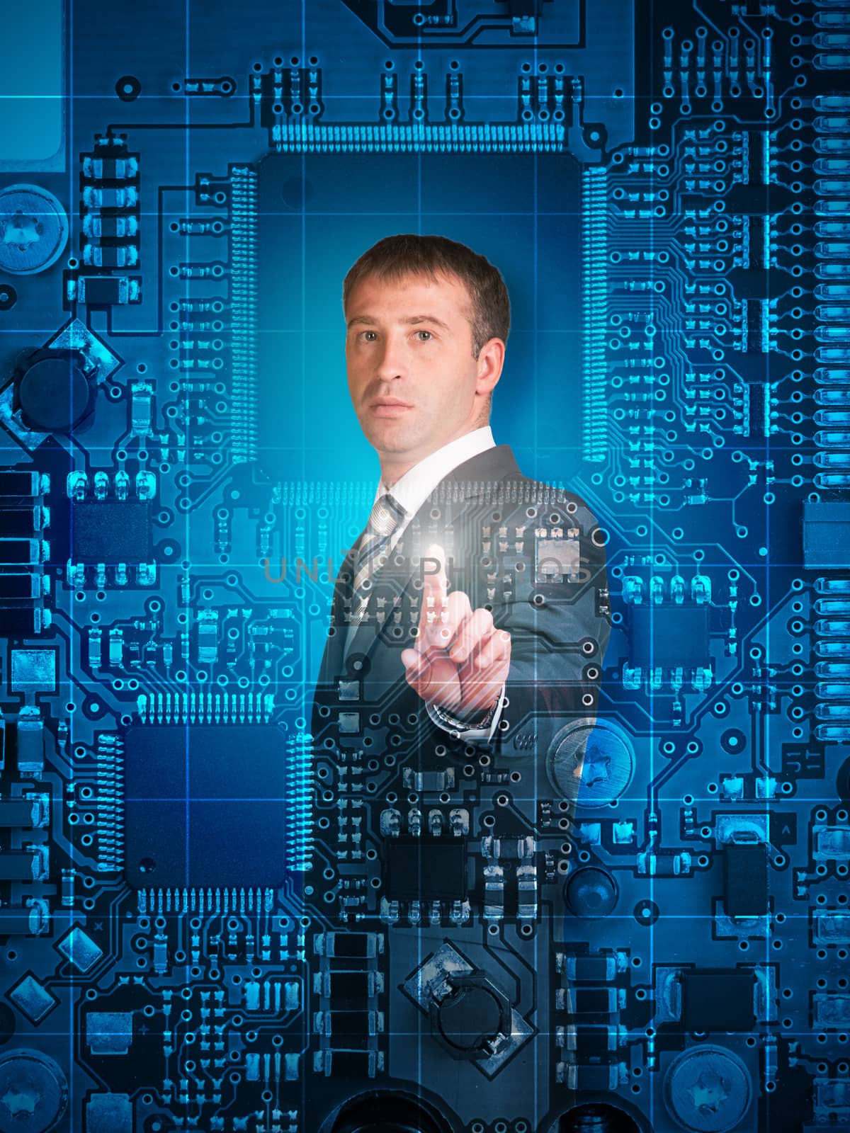 Businessman pressing on holographic screen and looking at camera on abstract motherboard background