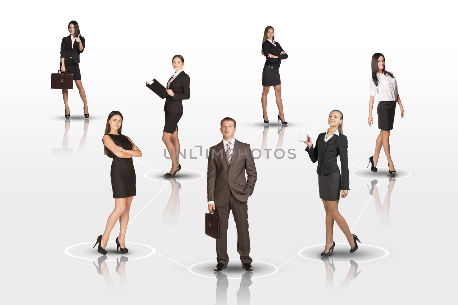 Young attractive business people with man in center looking at camera on isolated white background