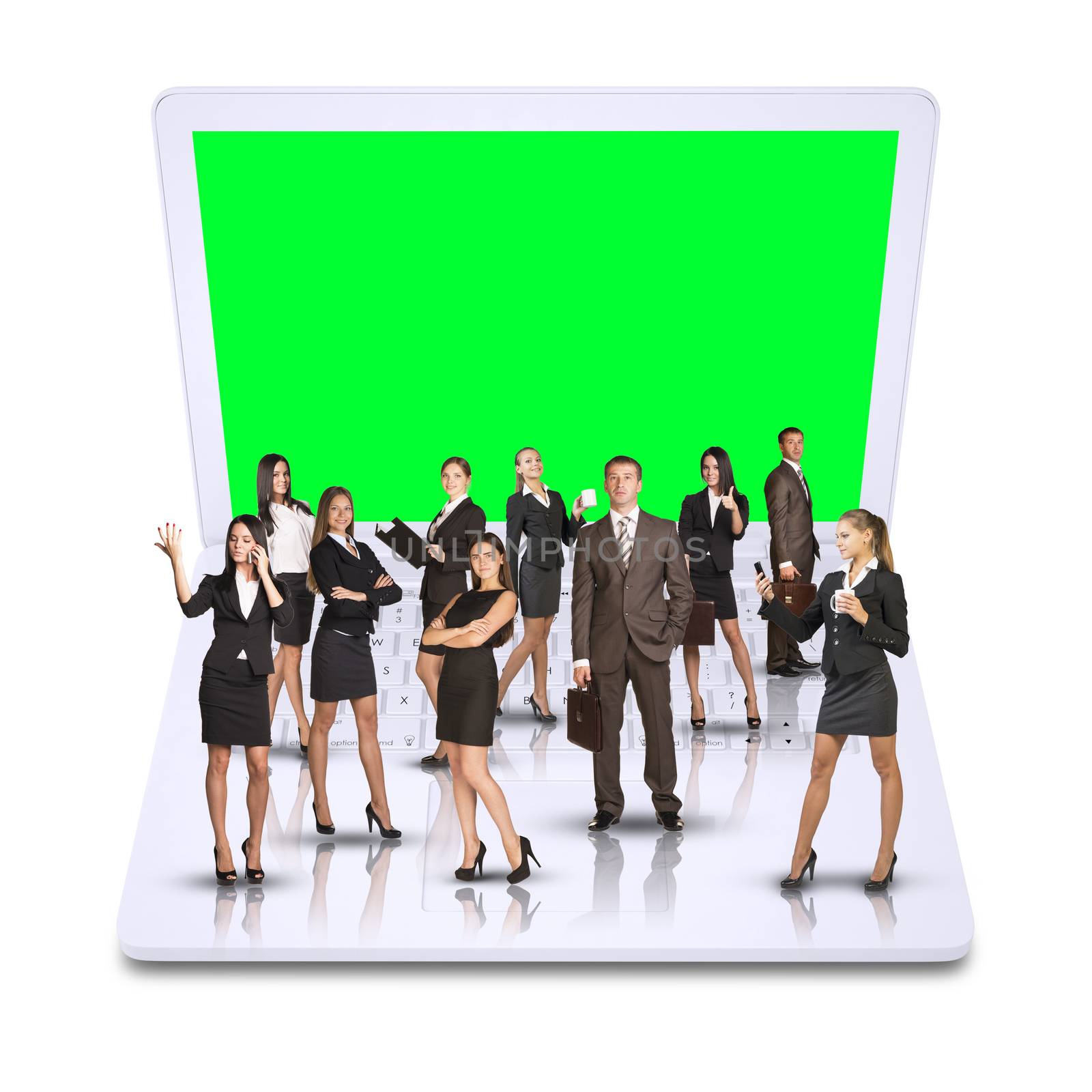 Business people standing on laptop with green screen on isolated white background