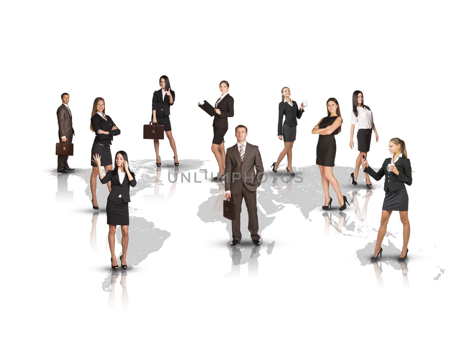 Attractive business people standing on world map