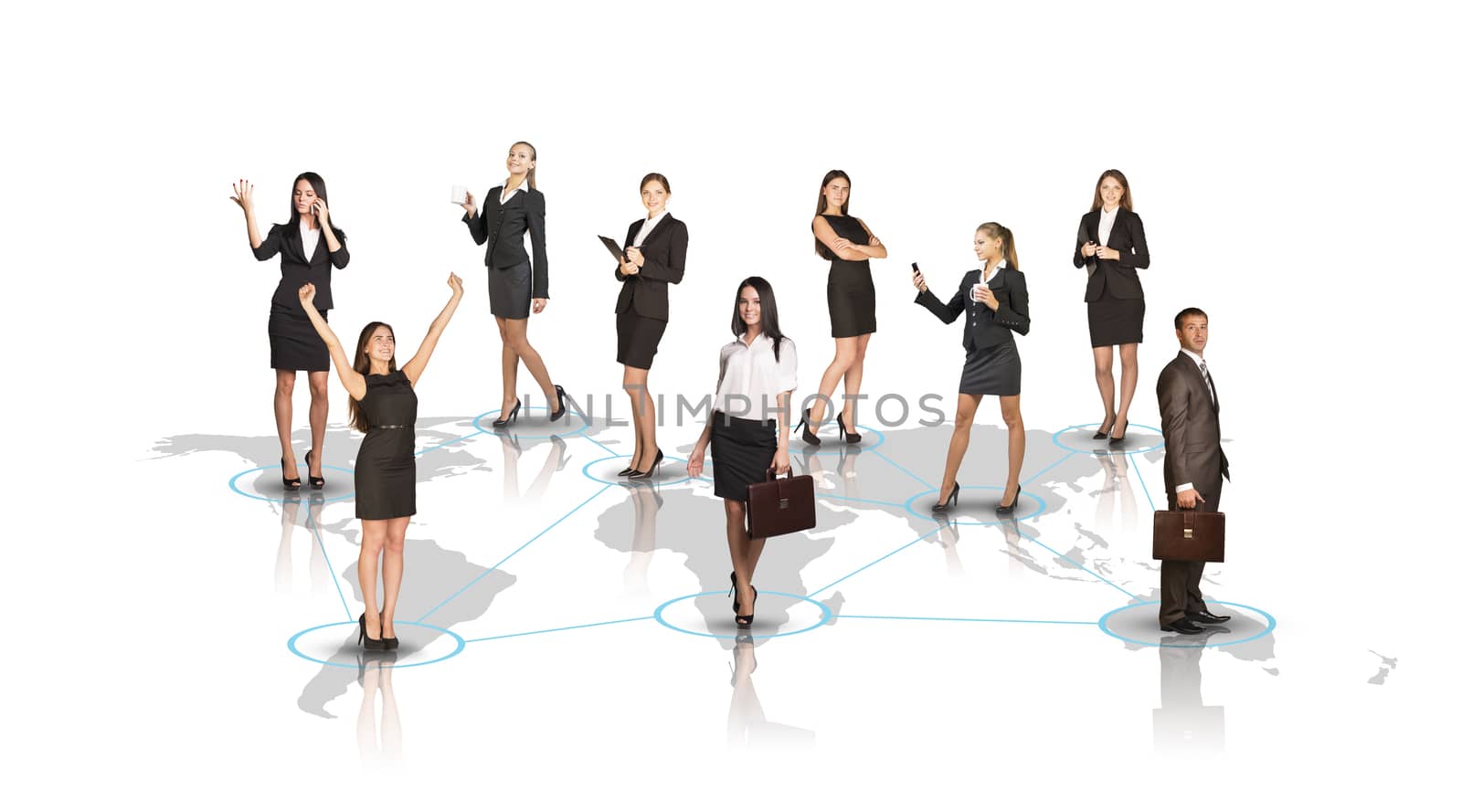 Attractive business people standing on planet map