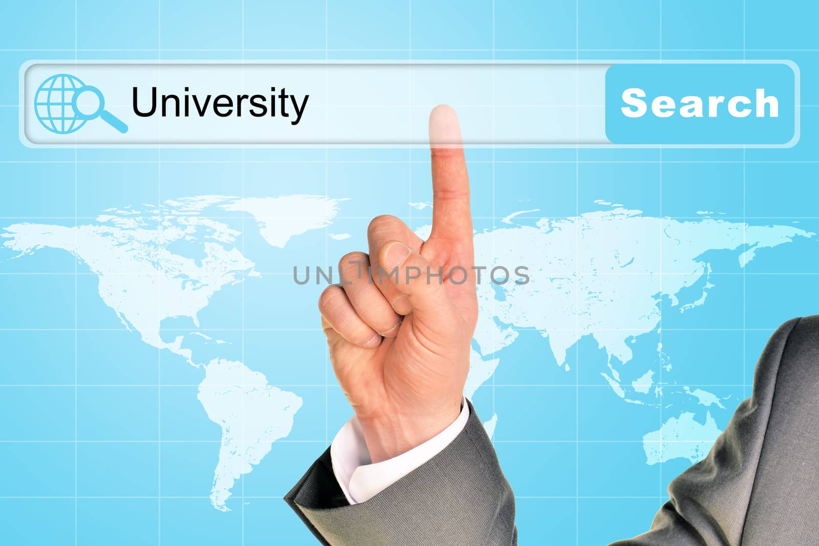 Businessmans hand on abstract blue background with word university in browser and world map