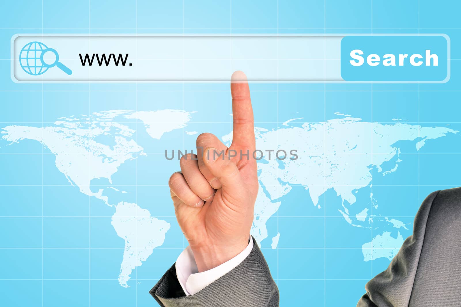Businessmans hand on abstract blue background with web address in browser and world map
