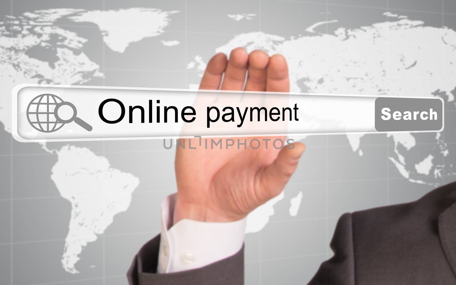 Businessmans hand holding browser with words online payment on abstract background