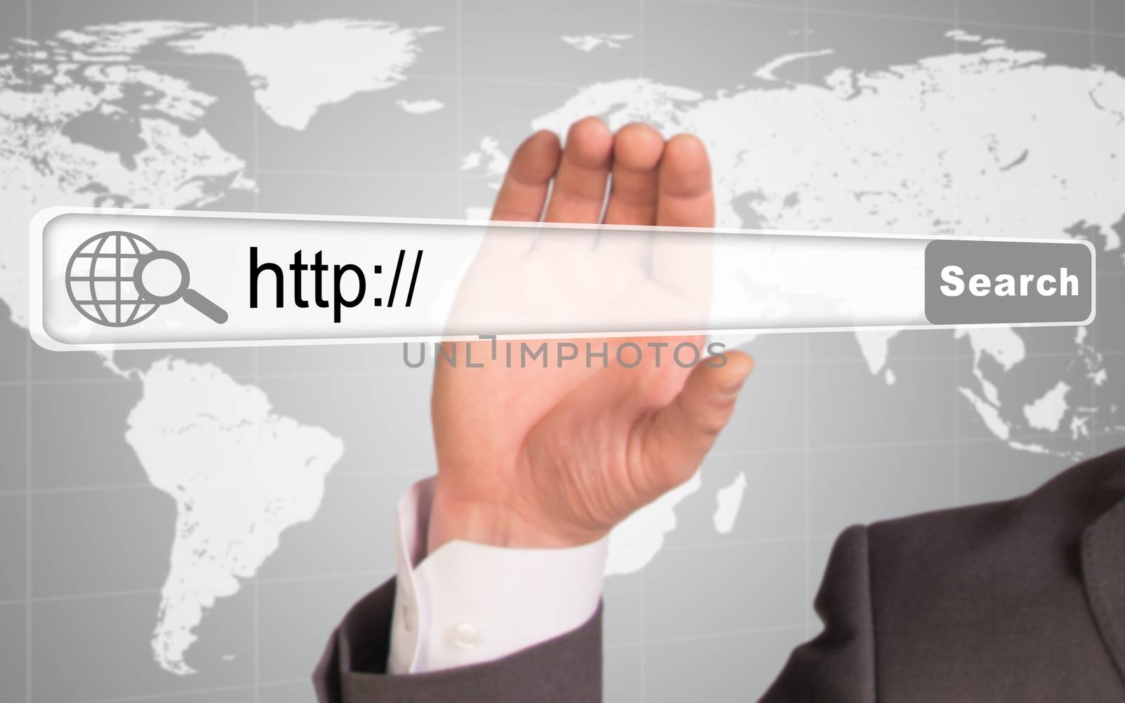 Businessmans hand holding browser with web address on abstract background