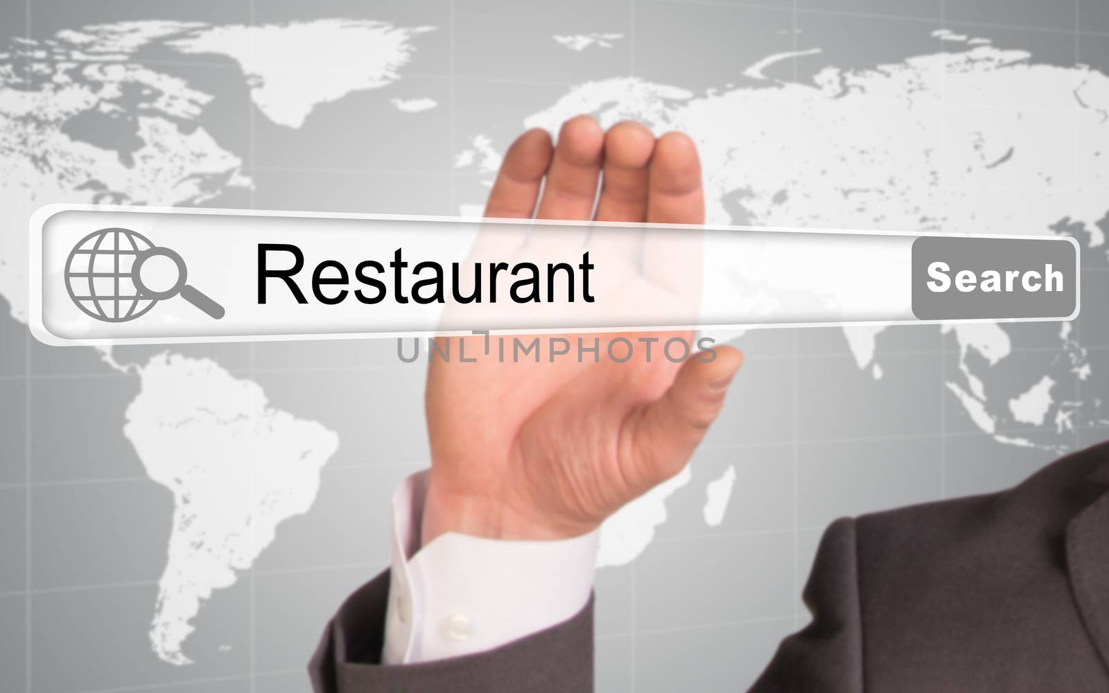 Businessmans hand holding browser with word restaurant abstract background
