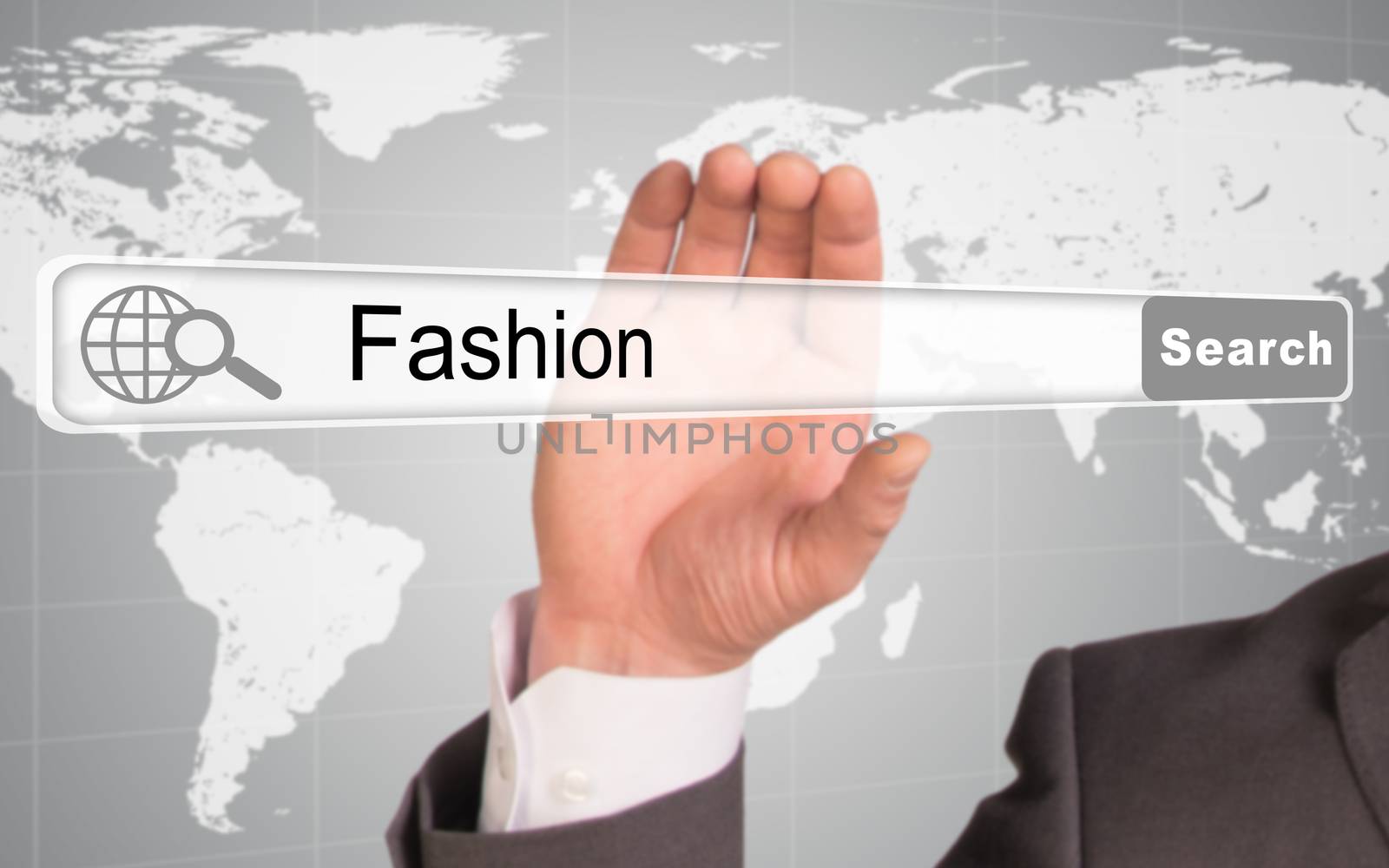 Businessmans hand holding browser with word fashion abstract background