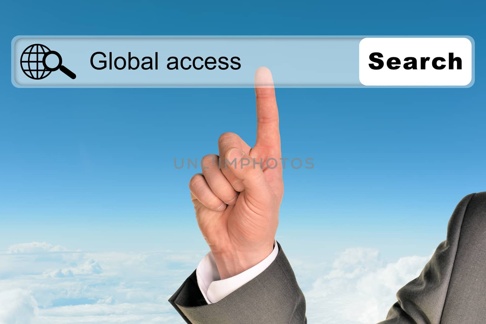 Businessmans hand on blue sky background with words global access in browser 