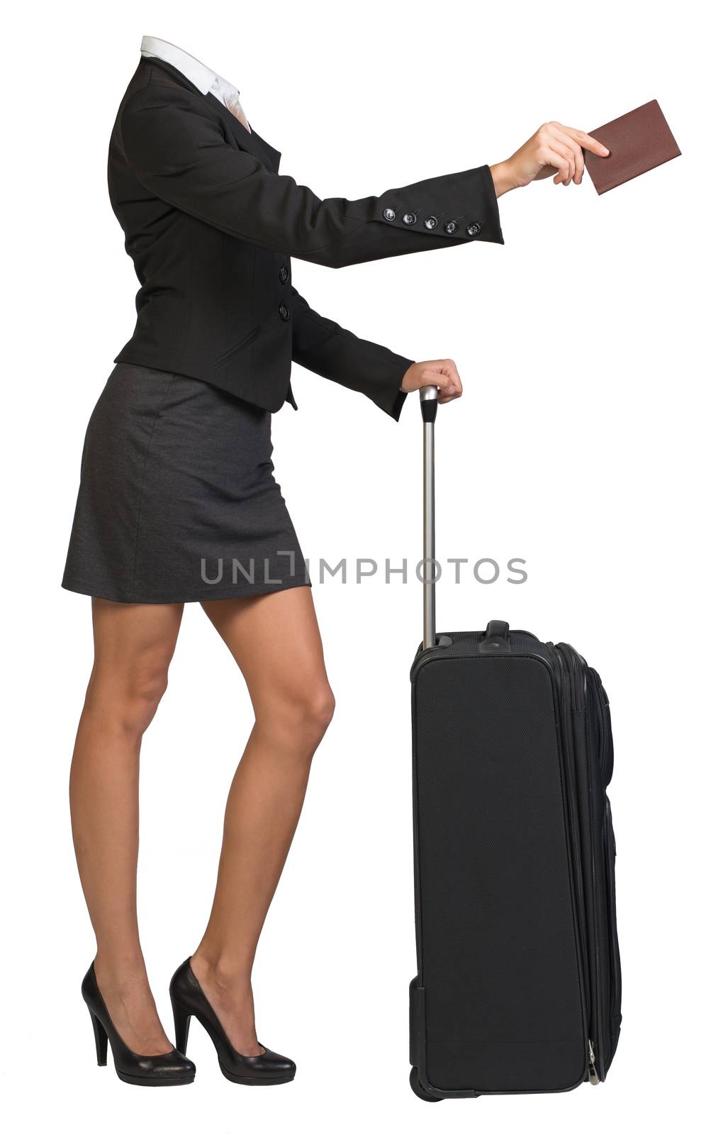 Businesswoman body standing with flight bag and holding out passport on isolated background