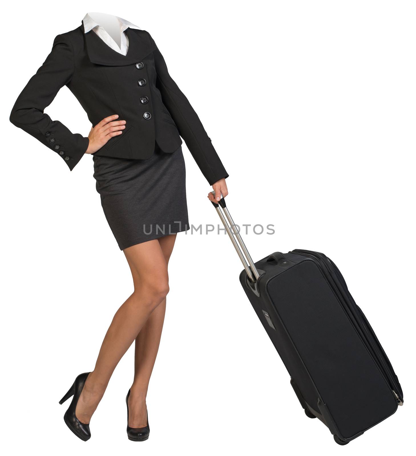 Businesswoman body without head standing with flight bag on isolated background