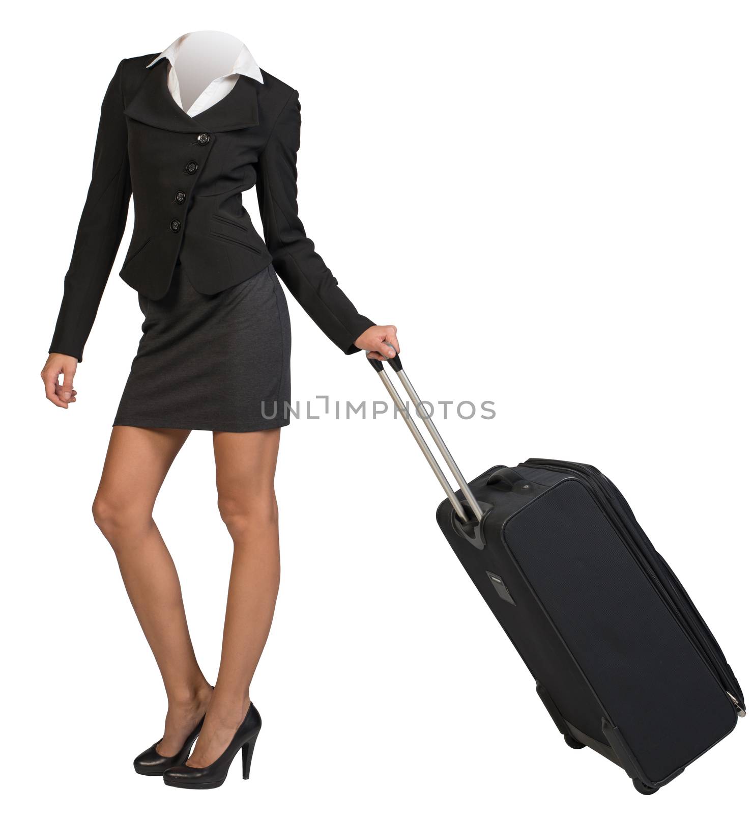 Businesswoman body standing with black flight bag on isolated background