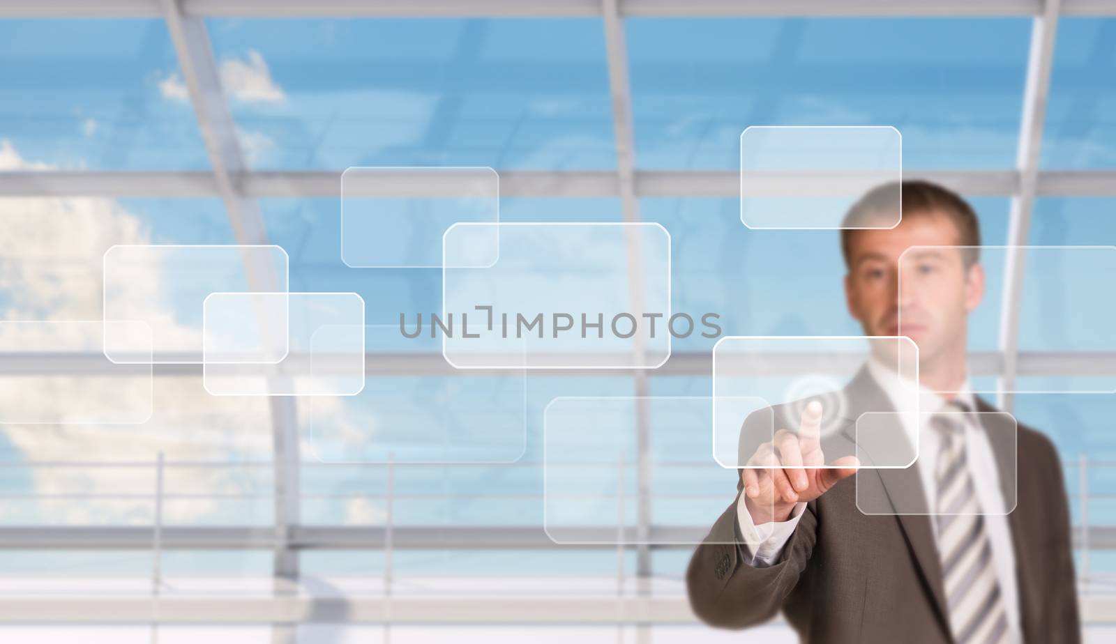 Businessman pressing on holographic screen on window and world map background