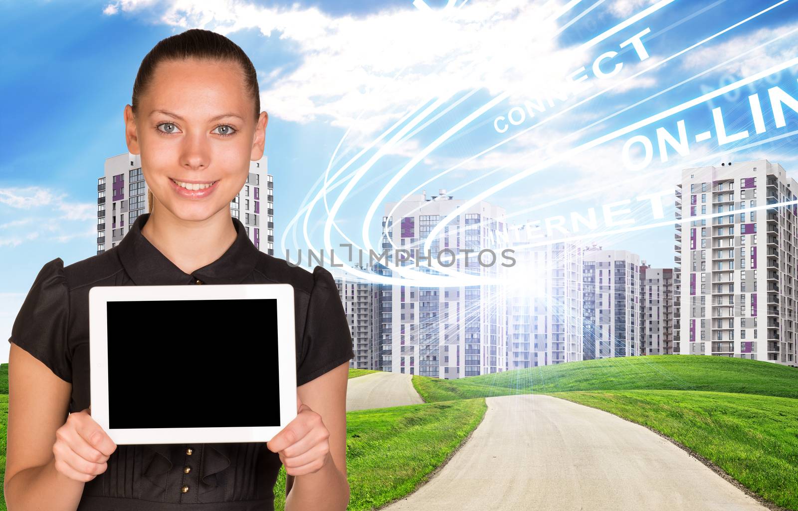 Businesslady holding tablet and cityscape under blue sky with road and waves