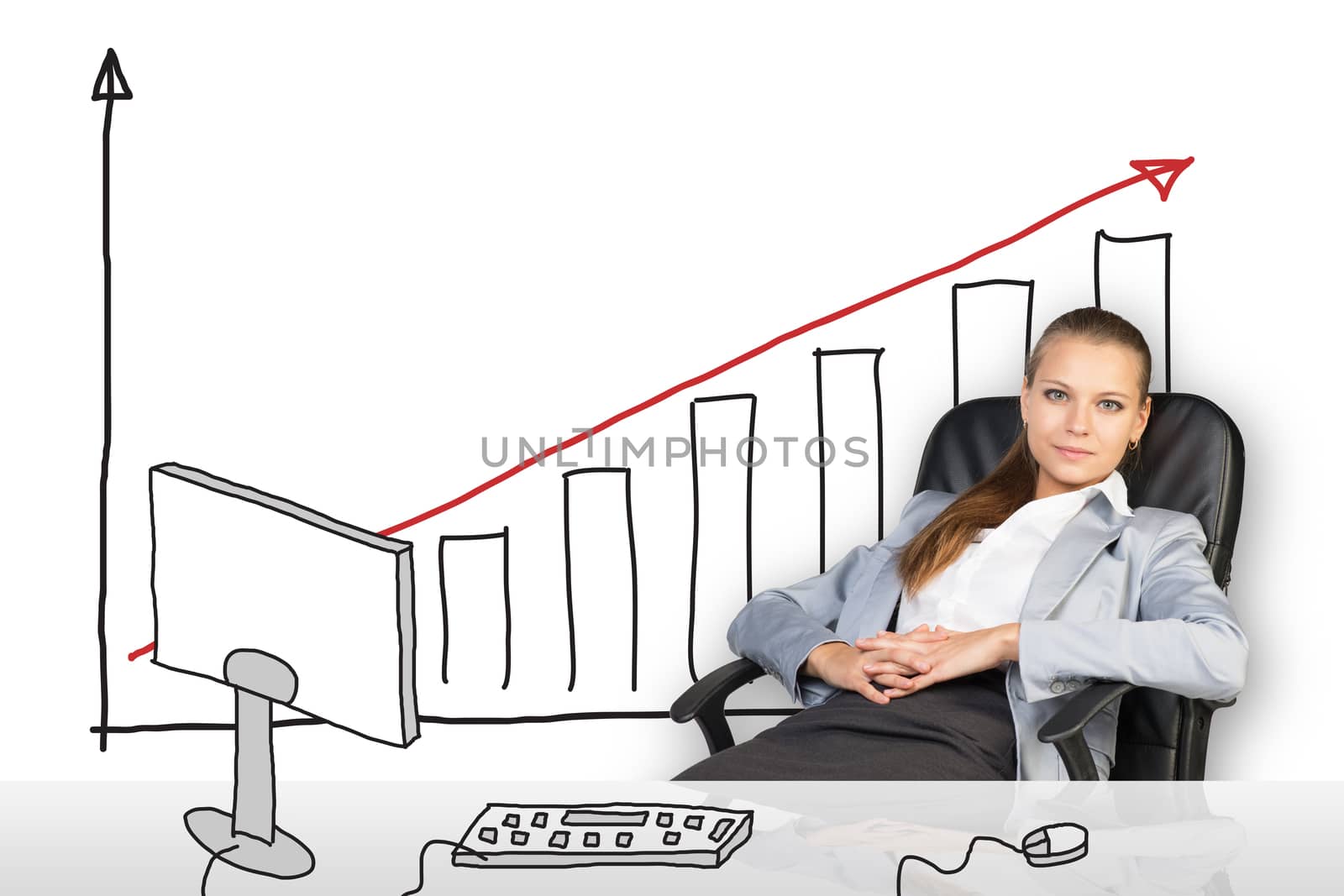 Relaxed businesswoman sitting in chair and looking at camera with graphical chart on background