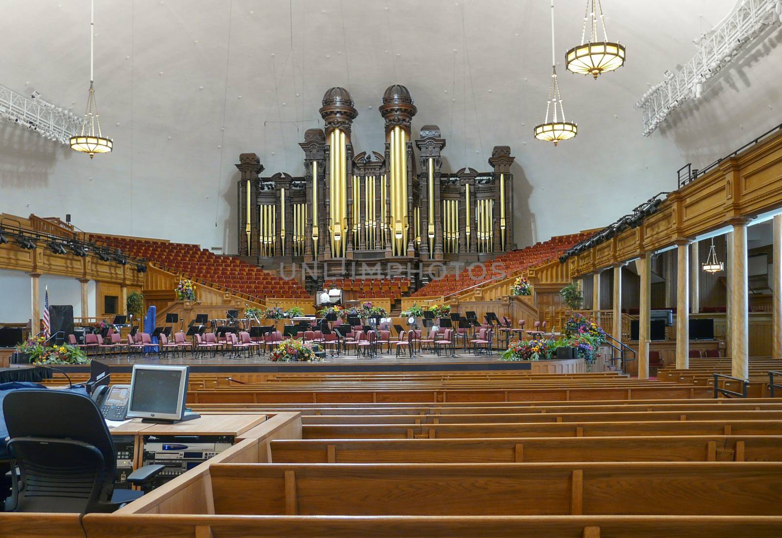 Salt Lake City, UT, USA - May 13, 2008: Interior of the Salt Lake Tabernacle with one of the largest pipe organs in the world.