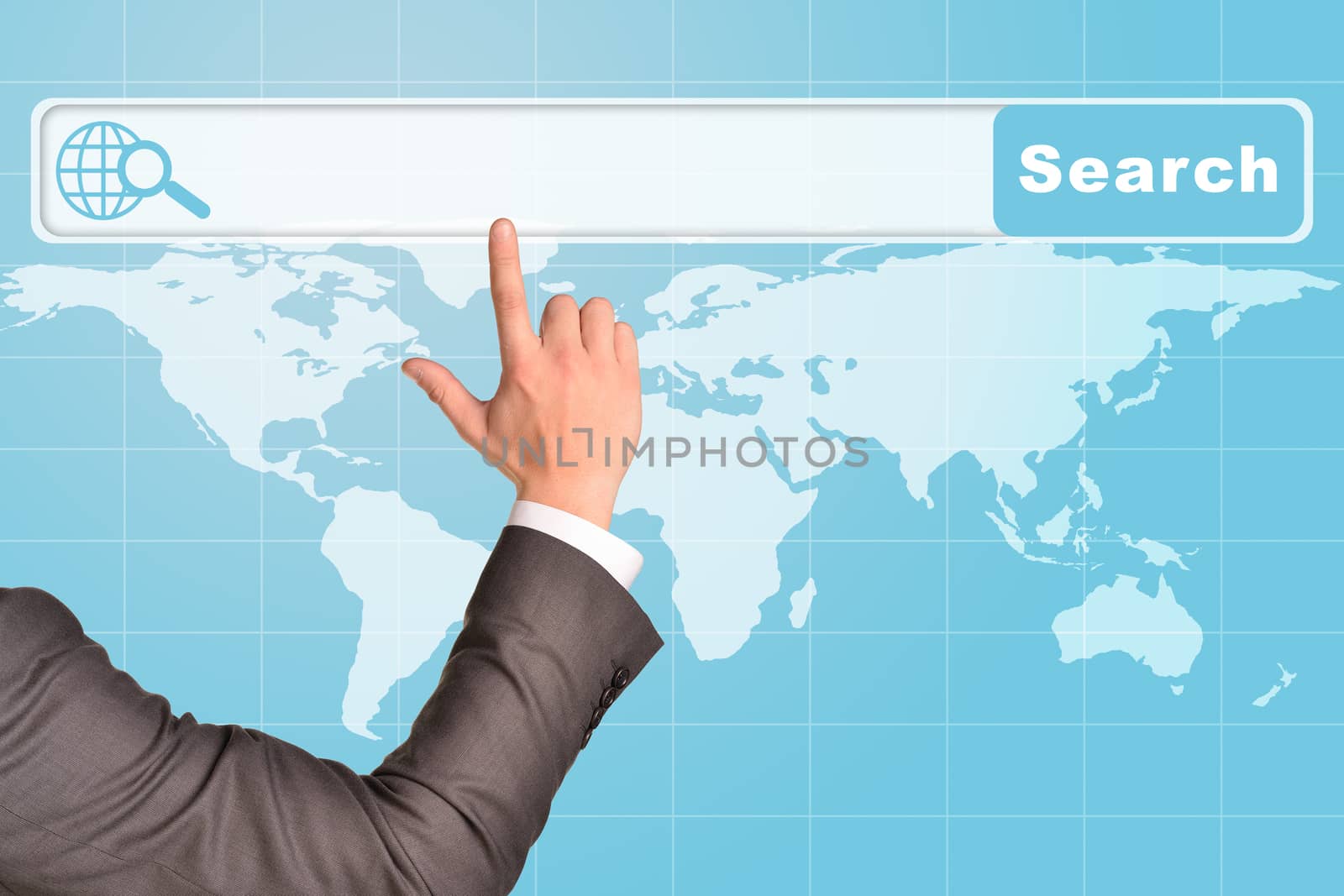 Businessmans arm on abstract blue background with browser and world map