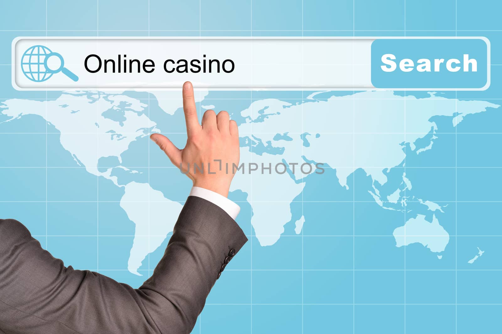 Businessmans hand on abstract blue background with words online casino in browser and world map