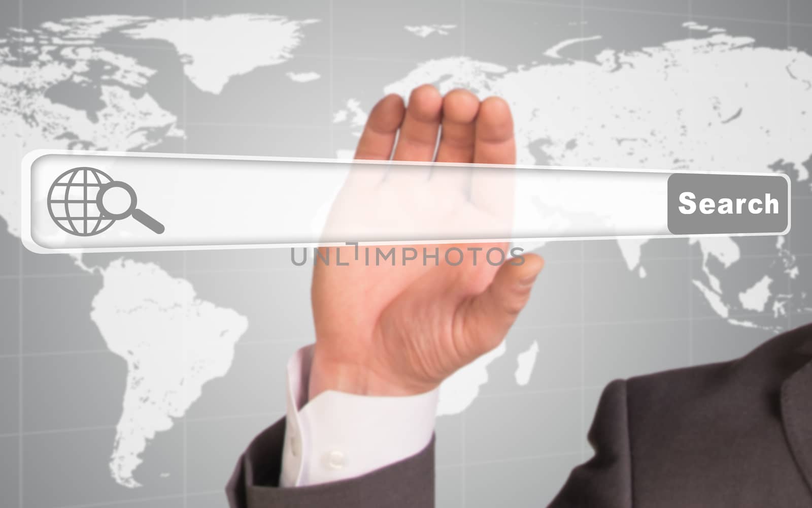 Businessmans hand holding browser on abstract background with browser and world map