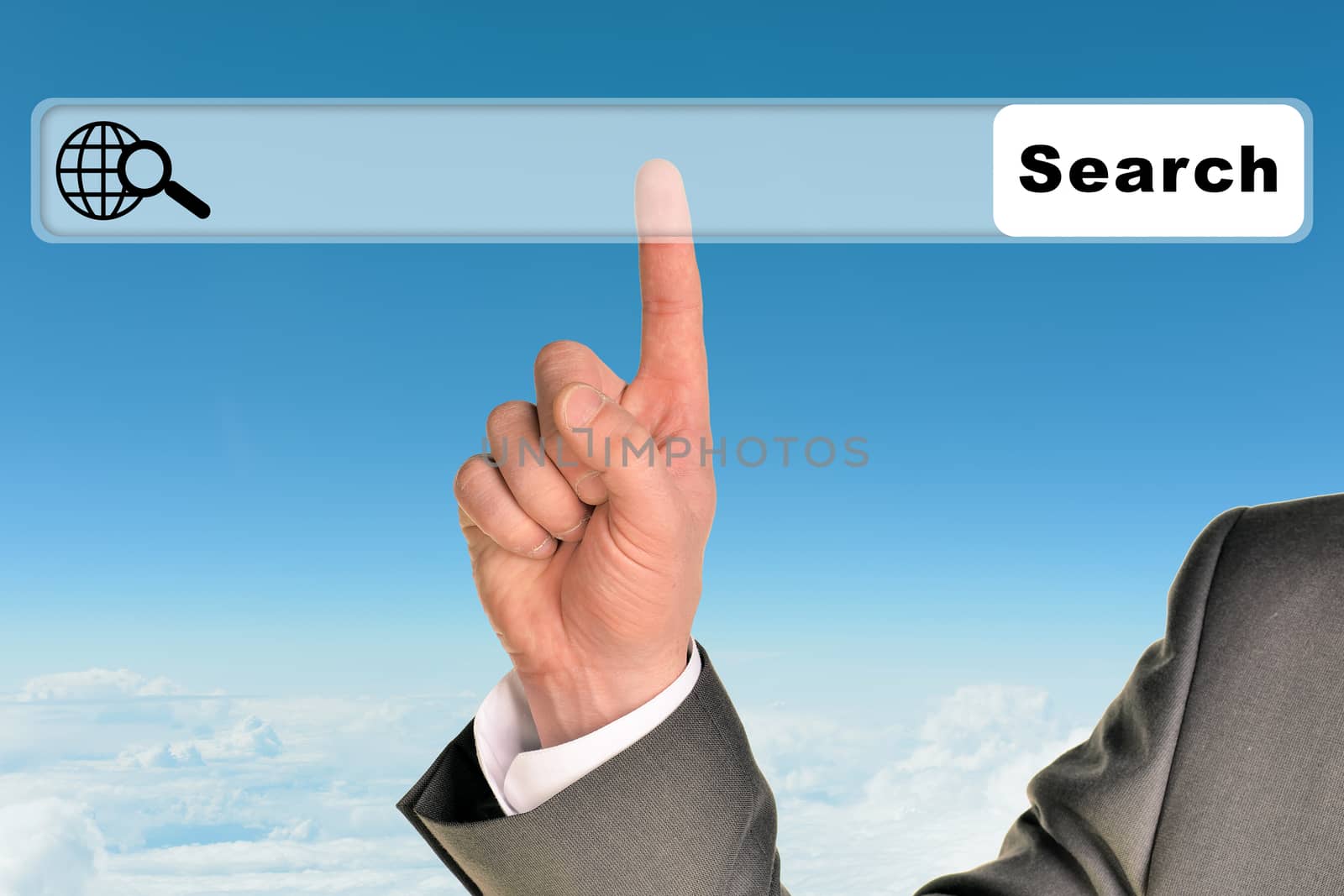 Businessmans hand on blue sky background with browser and world map