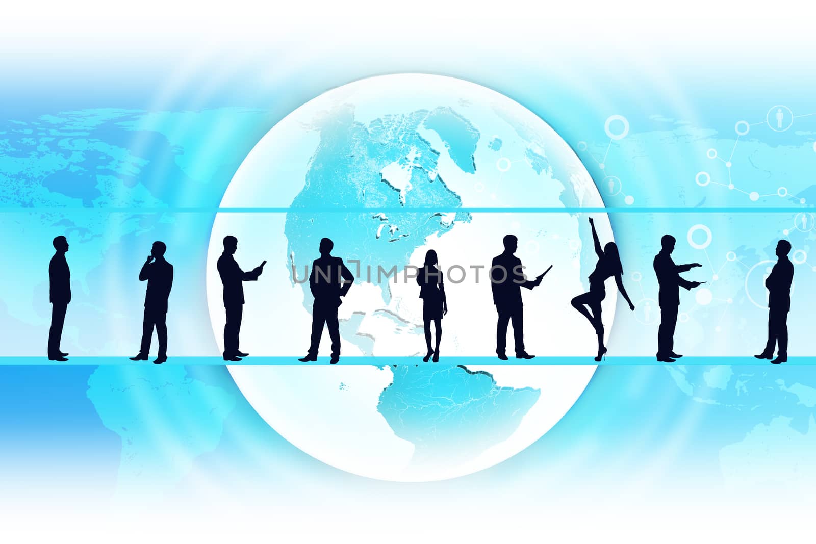Silhouettes of business people in different postures on abstract blue background with earth. Elements of this image furnished by NASA