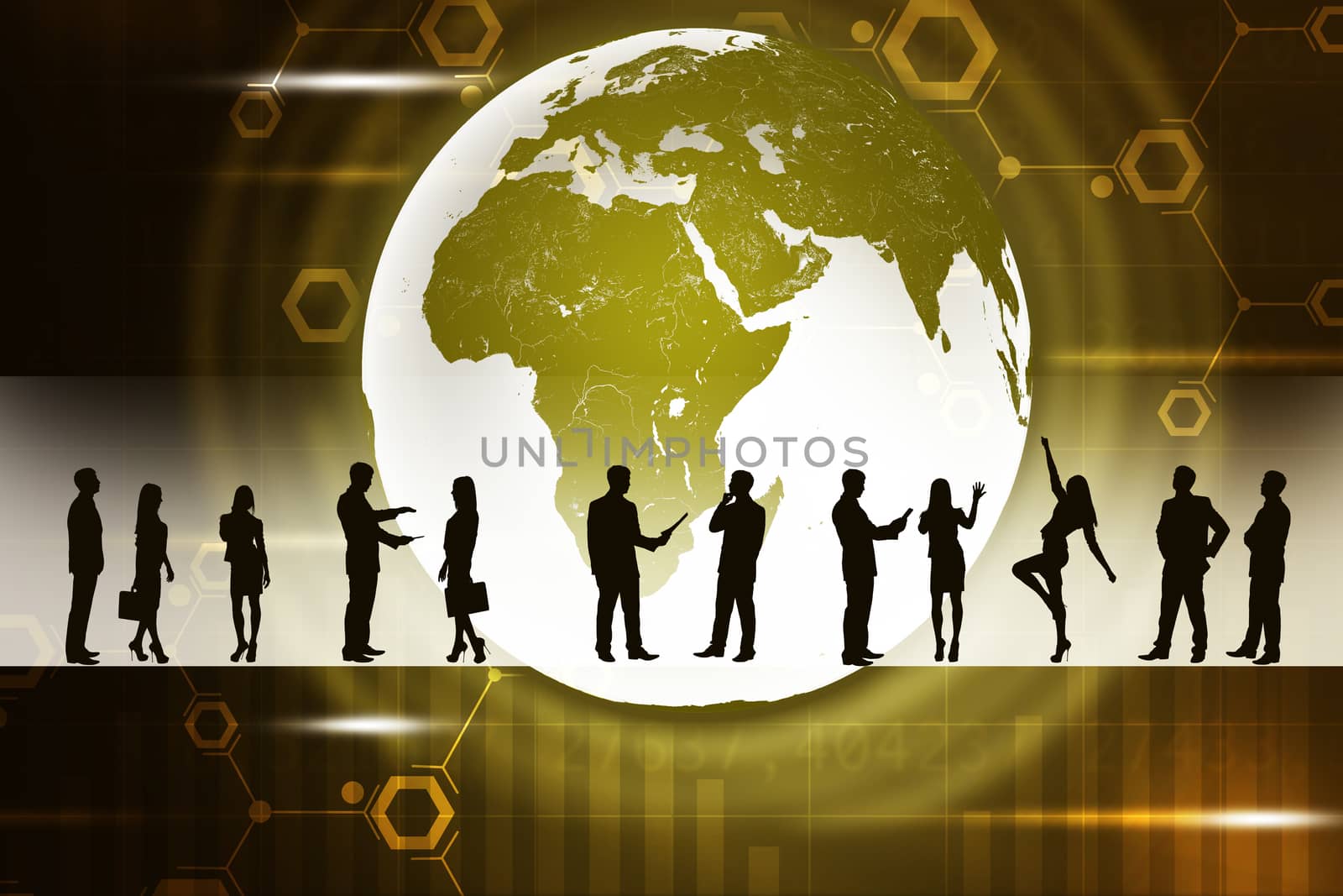 Silhouettes of business people in different postures on abstract brown background with earth. Elements of this image furnished by NASA