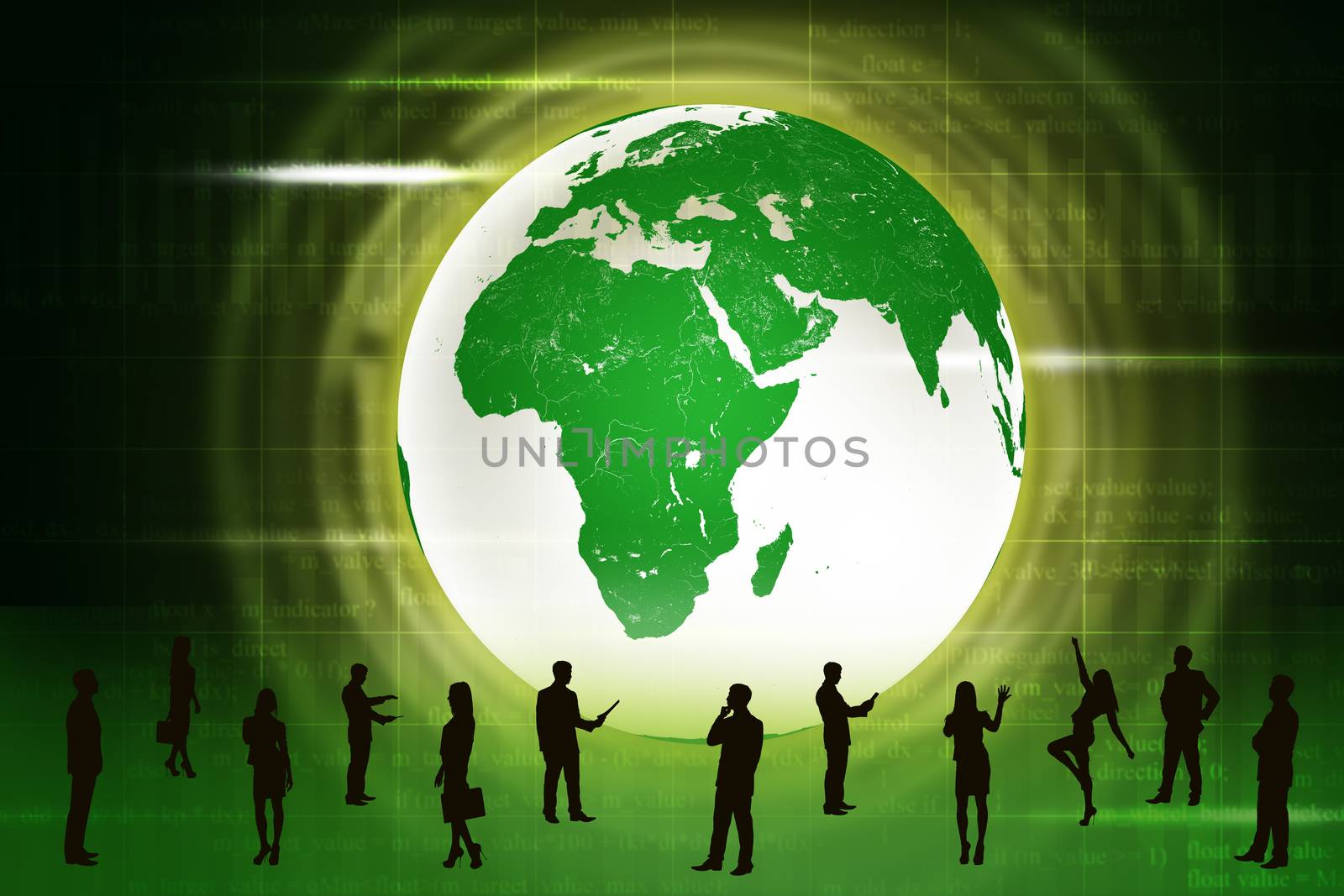 Silhouettes of business people in different postures on abstract green background with earth. Elements of this image furnished by NASA