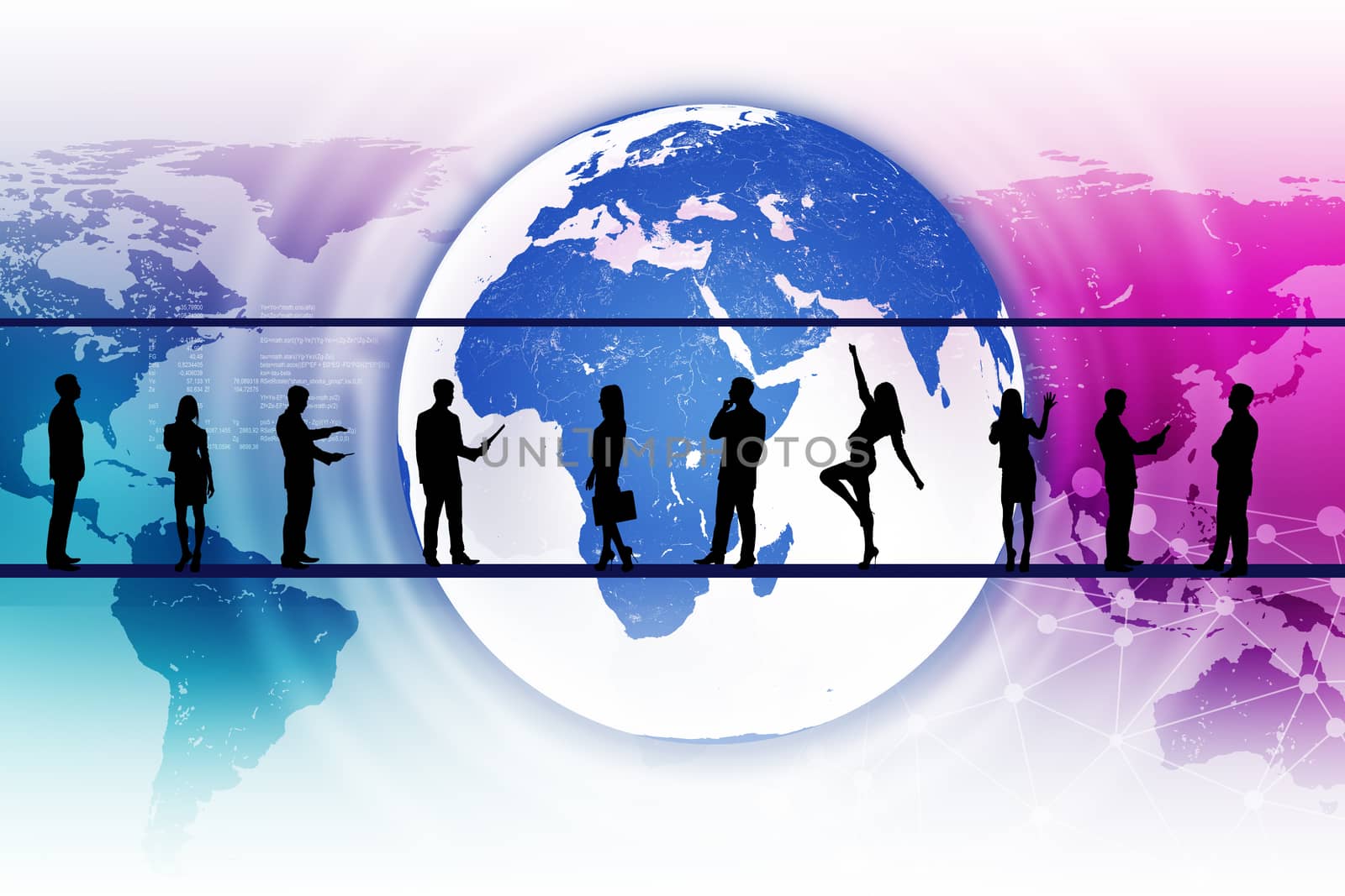 Silhouettes of business people in different postures on abstract colorful background with earth. Elements of this image furnished by NASA