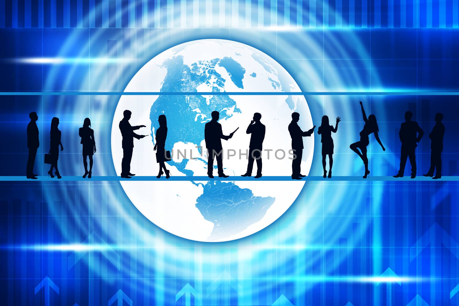 Silhouettes of business people in different postures on abstract blue background with earth and arrows. Elements of this image furnished by NASA