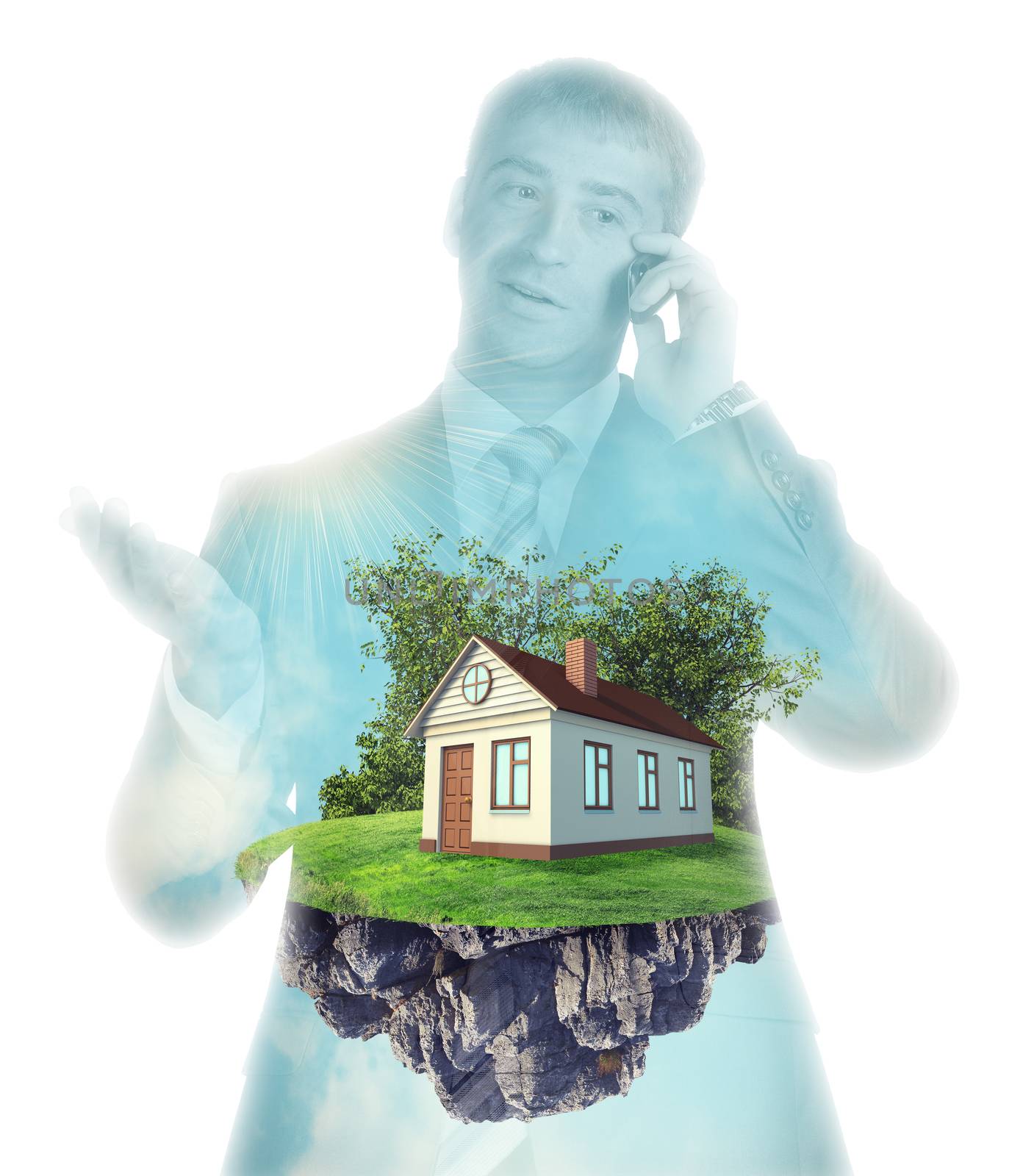 Transparent silhouette of businessman with house on isolated white background