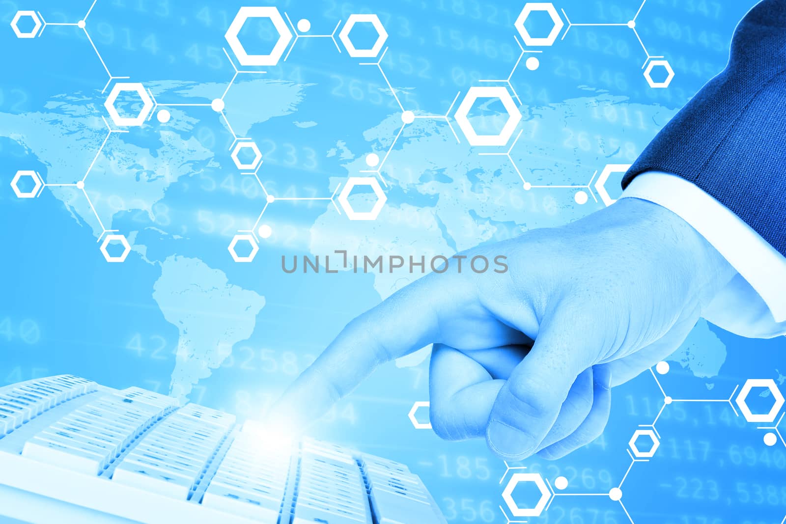 Businessmans hand pressing on keyboard on abstract blue background with world map