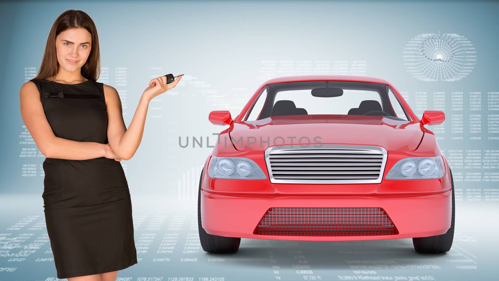 Businesslady holding car key and looking at camera on abstract blue background, front view