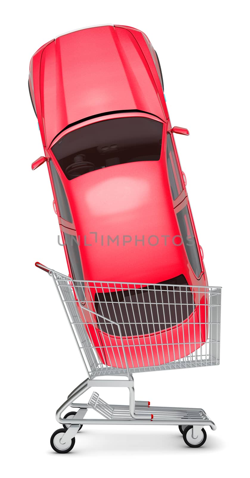 Red car in shopping cart on isolated white background