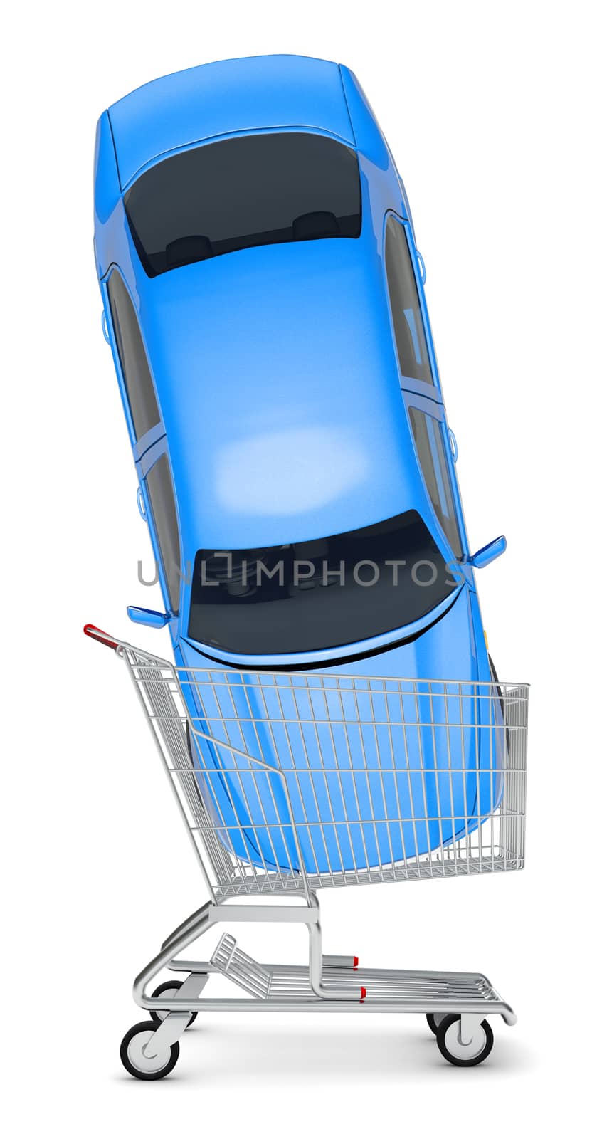 Blue car in shopping cart on isolated white background