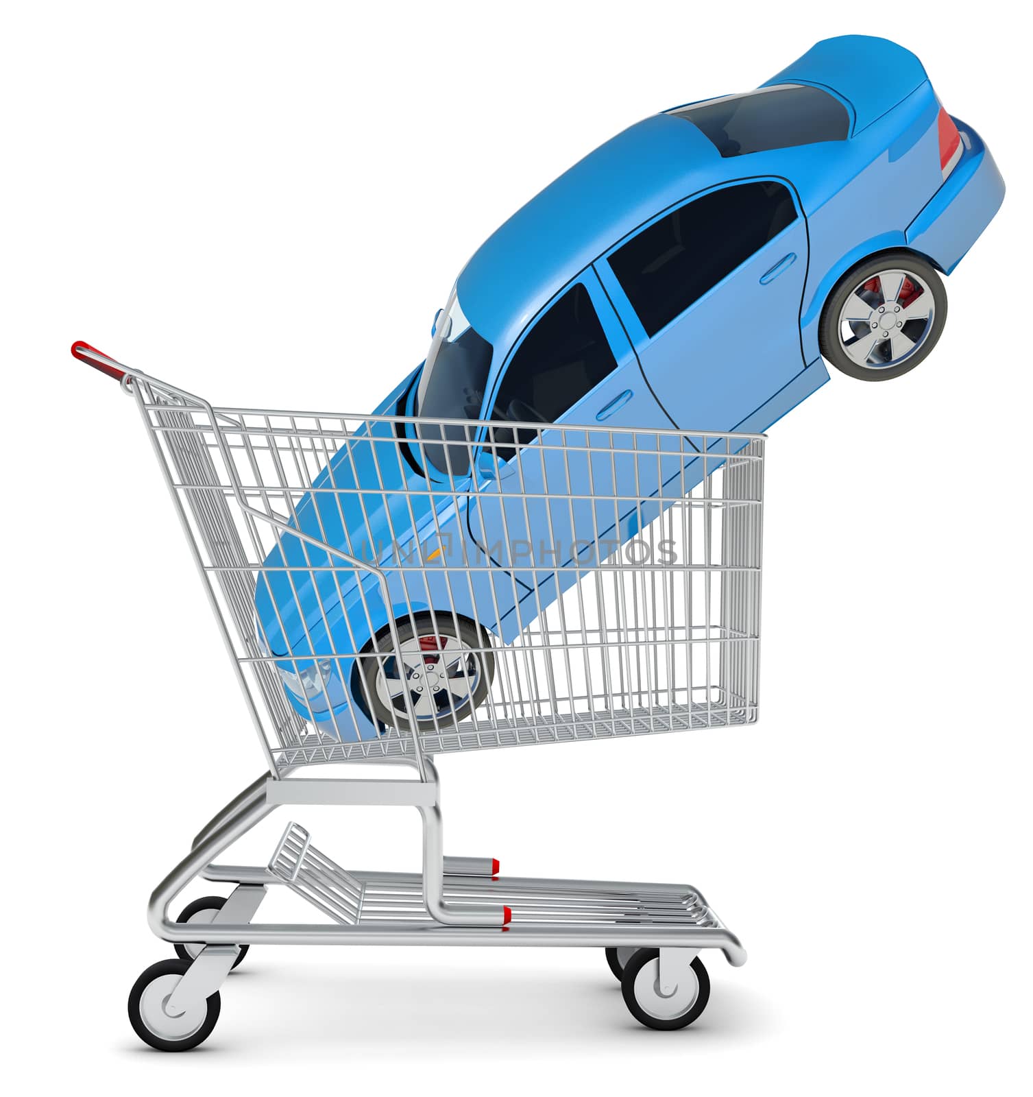Car in shopping cart on isolated white background