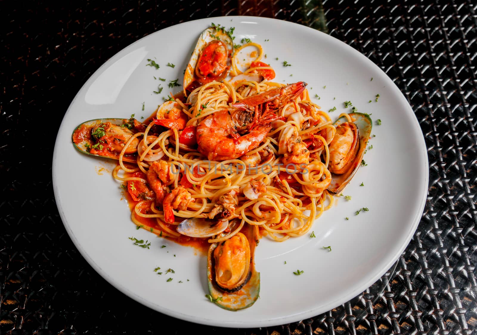 Italian cuisine spaghetti and seafood.